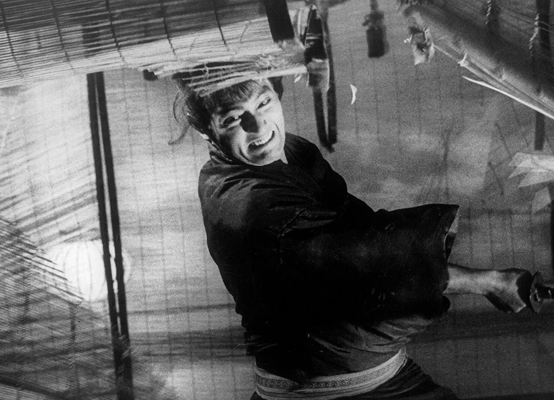 An overhead, near-inverted shot of a snarling swordsman mid-swing, the frame turned on its head, in a scene from Akira Kurosawa's Sanjuro (1962)