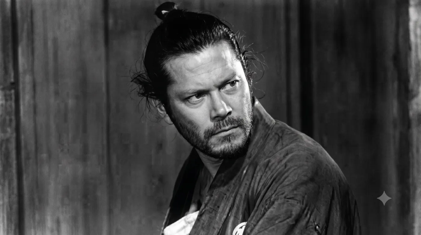 Joey Gartin composited into a scene from Yojimbo, glancing back over his shoulder