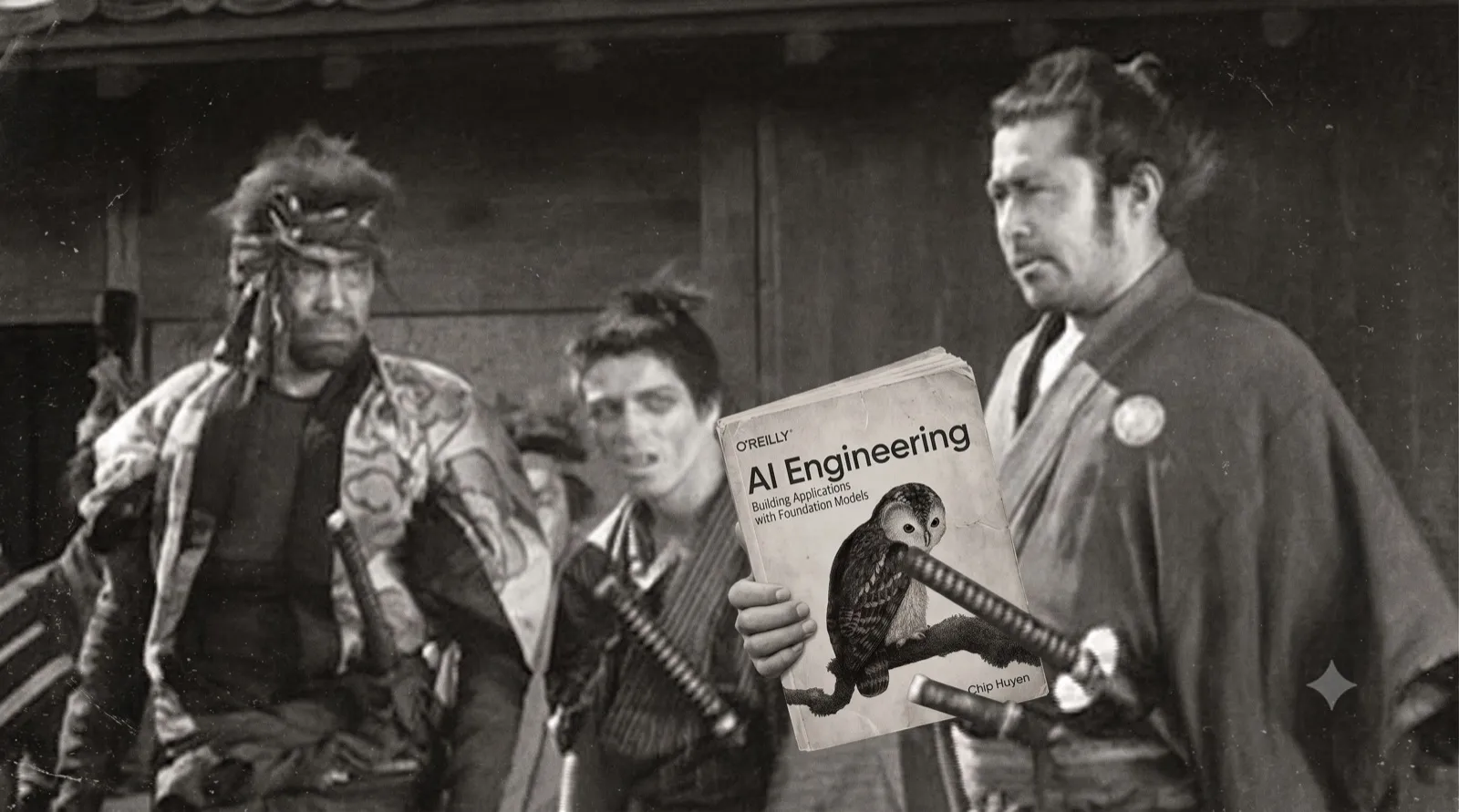 A masterless samurai holds up a book titled AI Engineering, flanked by two retainers, composited after Akira Kurosawa's Yojimbo (1961)