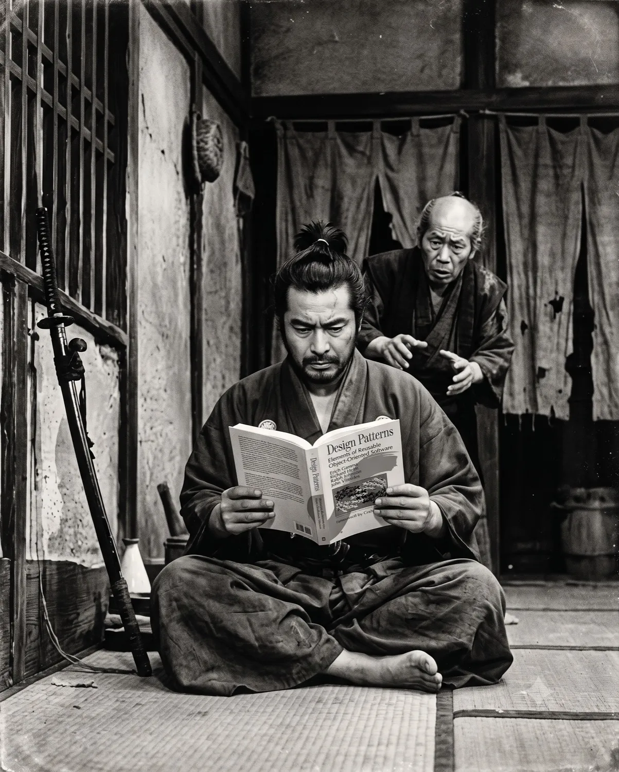 A masterless samurai sits reading a book titled Design Patterns while an older master watches over his shoulder, composited after Akira Kurosawa's Yojimbo (1961)